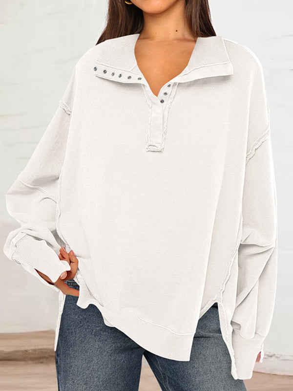 Long Sleeves Loose Buttoned Solid Color Split-Front Lapel Sweatshirt Tops