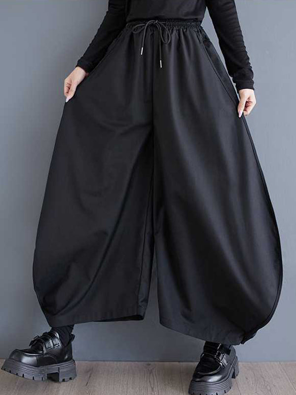 High Waisted Loose Drawstring Elasticity Pockets Solid Color Culotte Pants