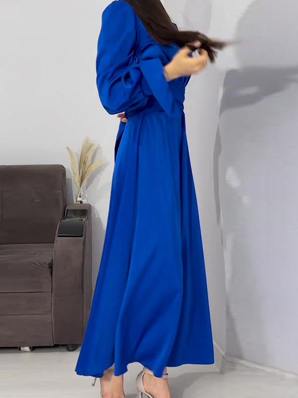 A-Line Long Sleeves Pleated Solid Color Tied Waist Zipper Mock Neck Maxi Dresses