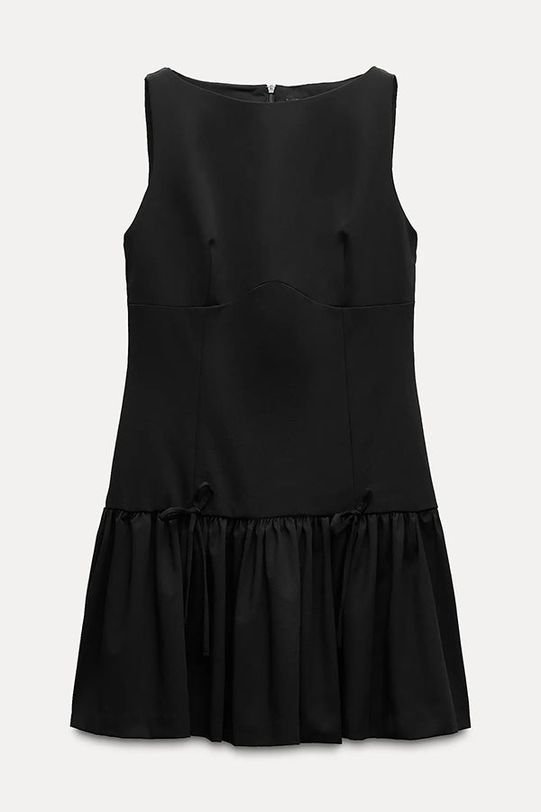 Solid Velvet Bow Embellished Sleeveless Mini Dress