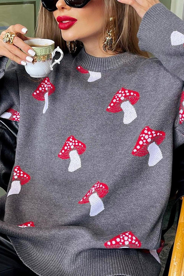 Mushroom Pattern Casual Loose Round Neck Knitted Sweater