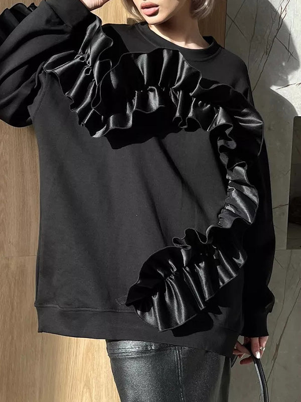 Long Sleeves Loose Contrast Color Ruffle Trim Split-Joint Velvet Round-Neck Sweatshirt Tops