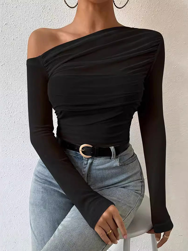 Long Sleeves Skinny Asymmetric Gauze Pleated See-Through Solid Color One-Shoulder T-Shirts Tops