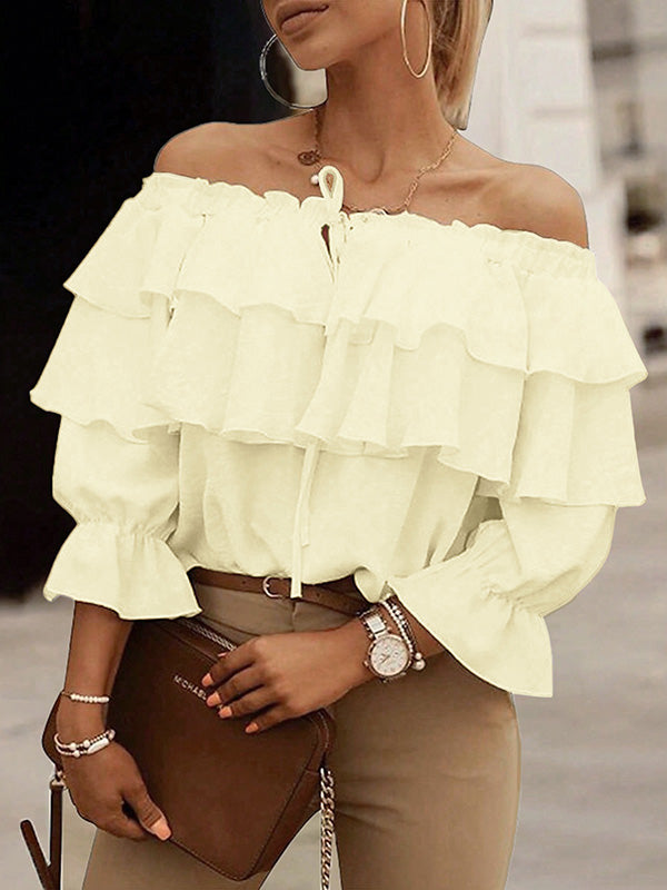 Long Sleeves Loose Layered Pleated Solid Color Split-Joint Tied Off-The-Shoulder Blouses&Shirts Tops