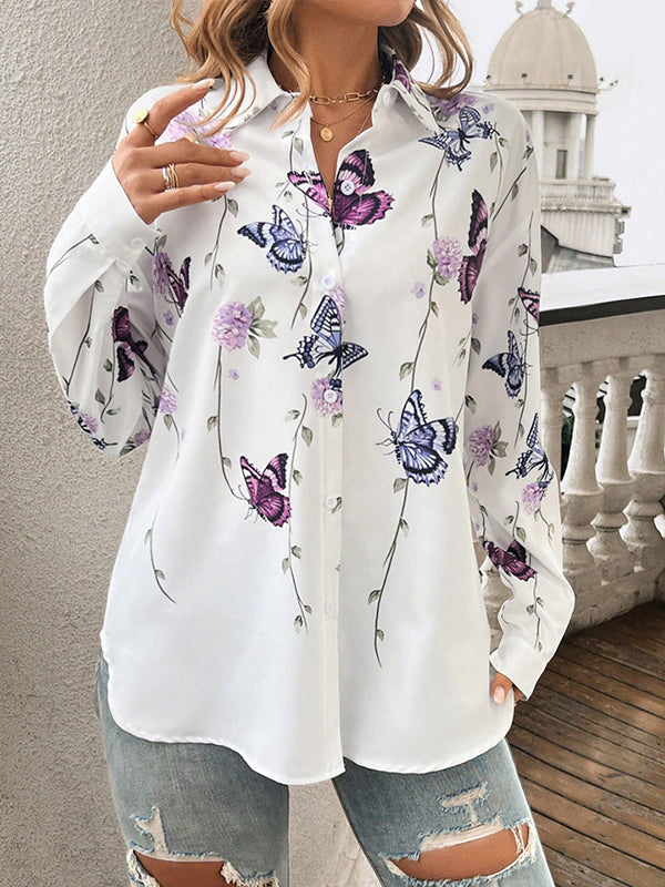 Long Sleeves Loose Butterfly Print Buttoned Lapel Blouses&Shirts Tops