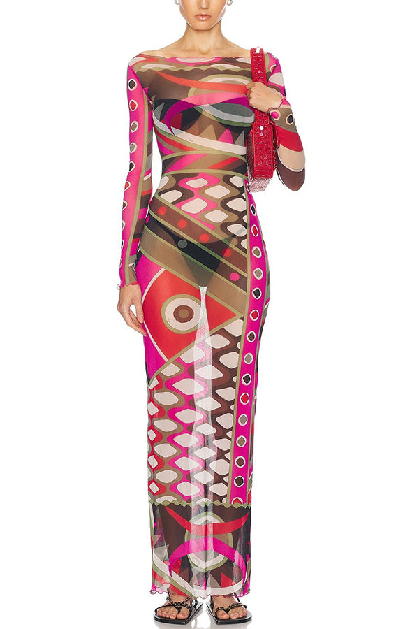 Gypsy Girl Mesh Unique Print Wide Neck Long Sleeve Stretch Maxi Dress