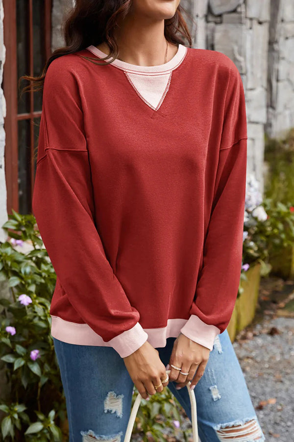 Stylishable Contrasting Color Loose Long-sleeved Relaxed Sweatshirt