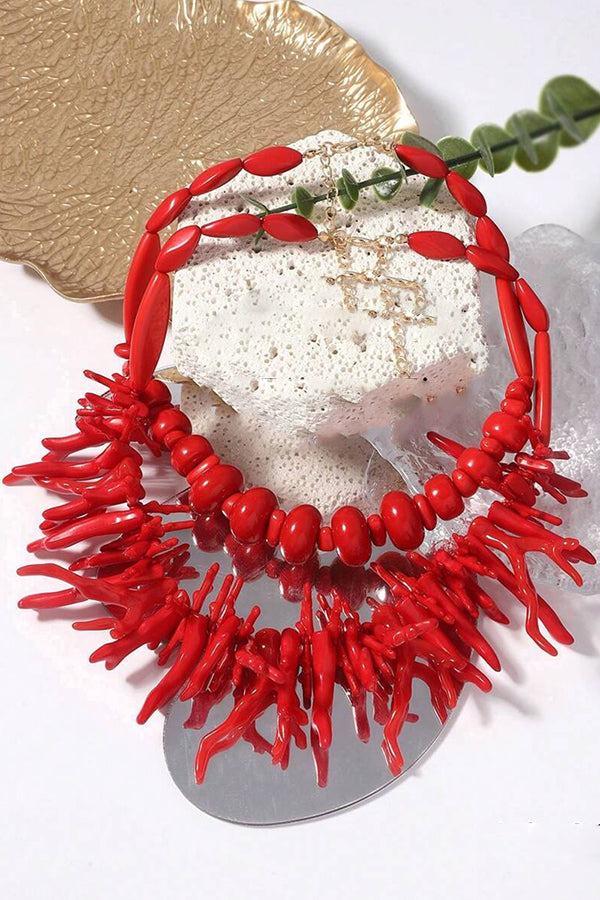 Bohemian Red Coral Necklace Two-piece Set