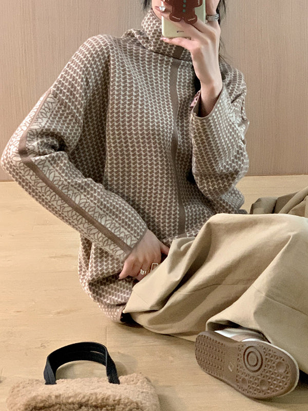 Long Sleeves Loose Contrast Color High Neck Pullovers Sweater Tops