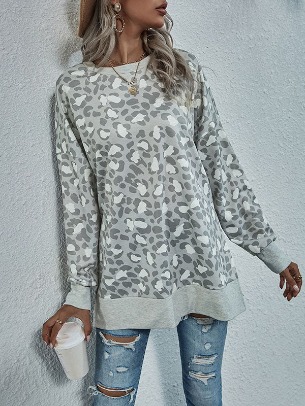 Long Sleeves Loose Leopard Split-Joint Split-Side Round-Neck Sweatshirt Tops