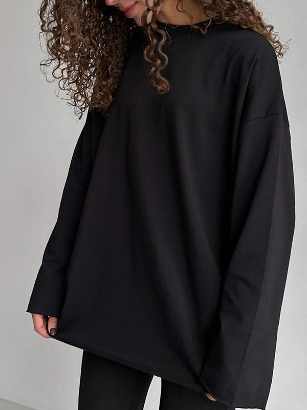 Long Sleeves Loose Solid Color Round-Neck T-Shirts Tops