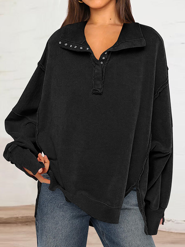 Long Sleeves Loose Buttoned Solid Color Split-Front Lapel Sweatshirt Tops