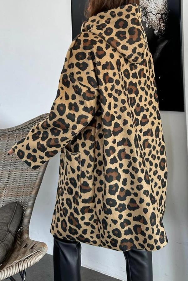 Fall Dreaming Animal Print Zipper Pockets Loose Hooded Midi Coat