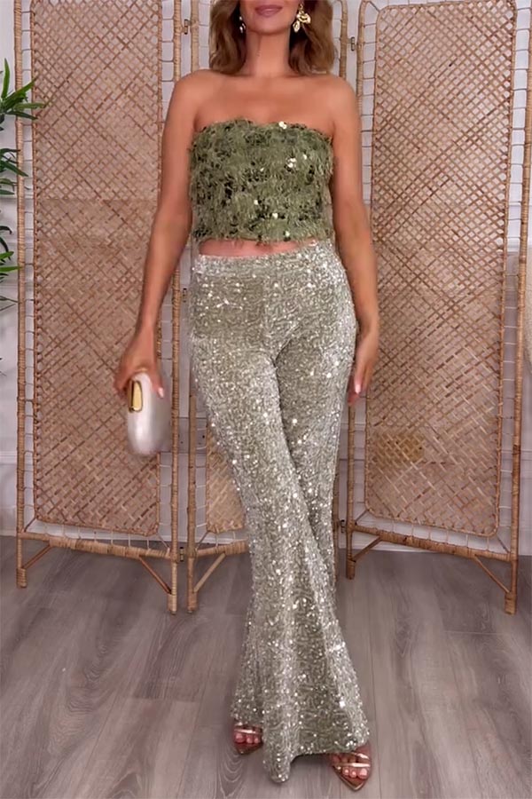 Promise You A Party Sequin High-waisted Elastic Waist Flare Pants