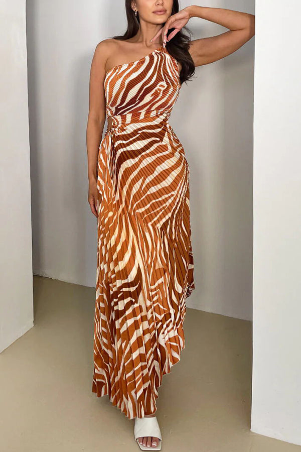 Elora Pleated Zebra Print One Shoulder Drawstring Cutout Maxi Dress