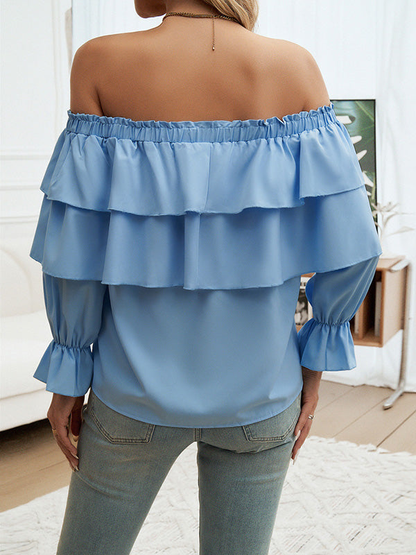 Long Sleeves Loose Layered Pleated Solid Color Split-Joint Tied Off-The-Shoulder Blouses&Shirts Tops