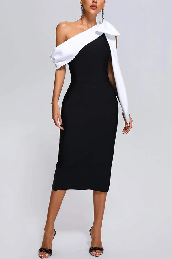 Elegant Evening Look One Shoulder B&age Bow Elastic Midi Dress