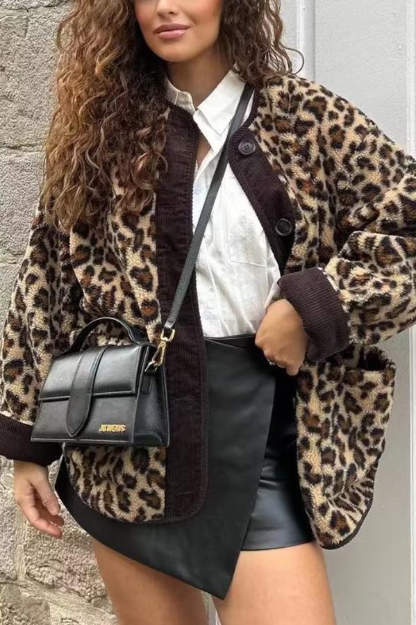 Warm Feel Colorblock Leopard Print Plush Button Up Pocketed Teddy Jacket