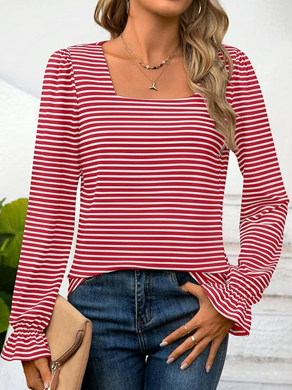 Flared Sleeves Long Sleeves Contrast Color Striped Square-Neck T-Shirts Tops