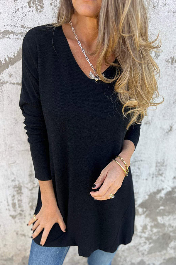 Plain V-neck Loose Long-sleeved Wovented T-shirt