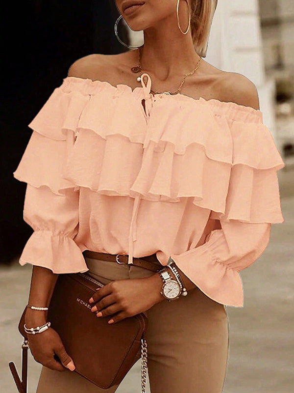 Long Sleeves Loose Layered Pleated Solid Color Split-Joint Tied Off-The-Shoulder Blouses&Shirts Tops