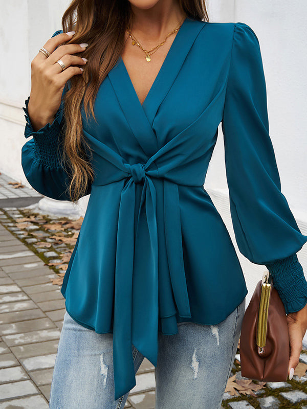 Long Sleeves Loose Elasticity Knot Solid Color V-Neck Blouses&Shirts Tops