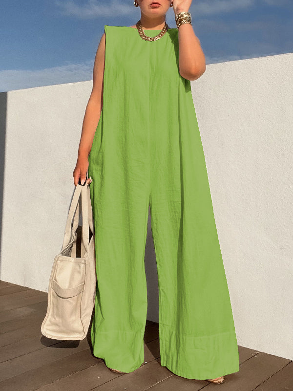 Sleeveless Wide Leg Shoulder Pad Solid Color Jumpsuits