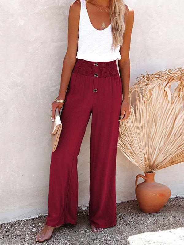 Loose Wide Leg Buttoned Elasticity Solid Color Pants Trousers