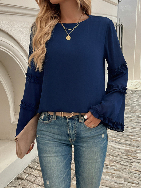 Flared Sleeves Long Sleeves Solid Color Split-Joint Round-Neck T-Shirts Tops