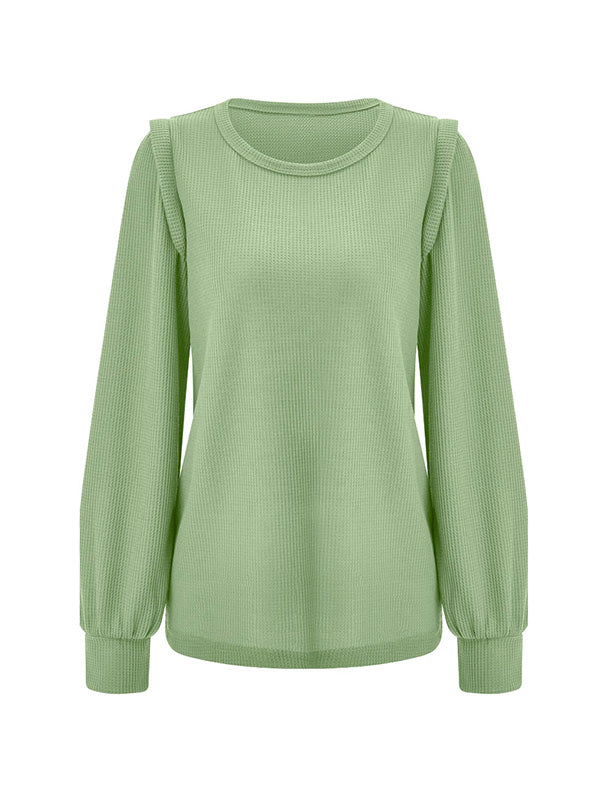 Long Sleeves Loose Solid Color Split-Joint Round-Neck T-Shirts Tops