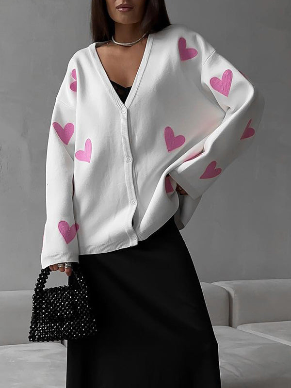 Long Sleeves Loose Heart Print Split-Joint V-Neck Cardigan Tops