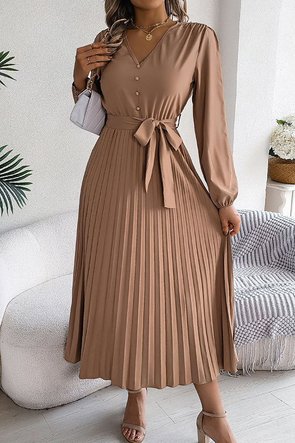 Solid Color Elegant V-neck Buttoned Lace-up Pleated Maxi Dress