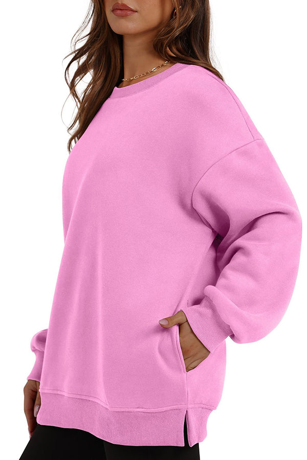 Solid Color Round Neck Pocket Loose Warm Long Sleeve Sweatshirt