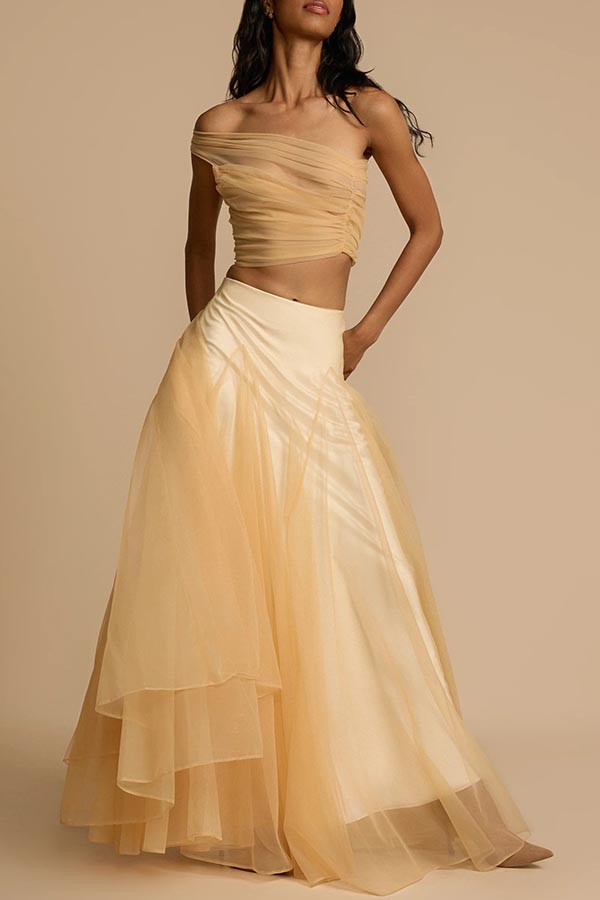 Romance Factor Satin Patchwork Tulle High-waisted Elastic Waist A-line Maxi Skirt