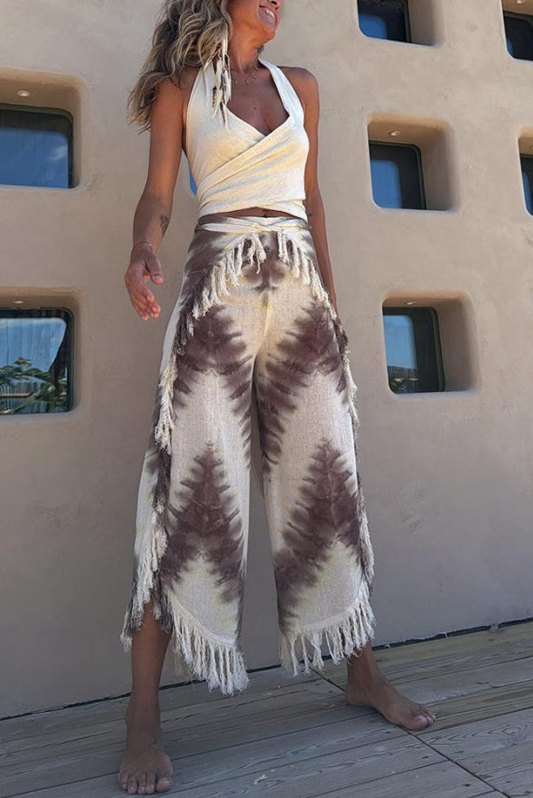 Katy Linen Blend Tie-dye Wrap Tie-up Tassel Trim Pants