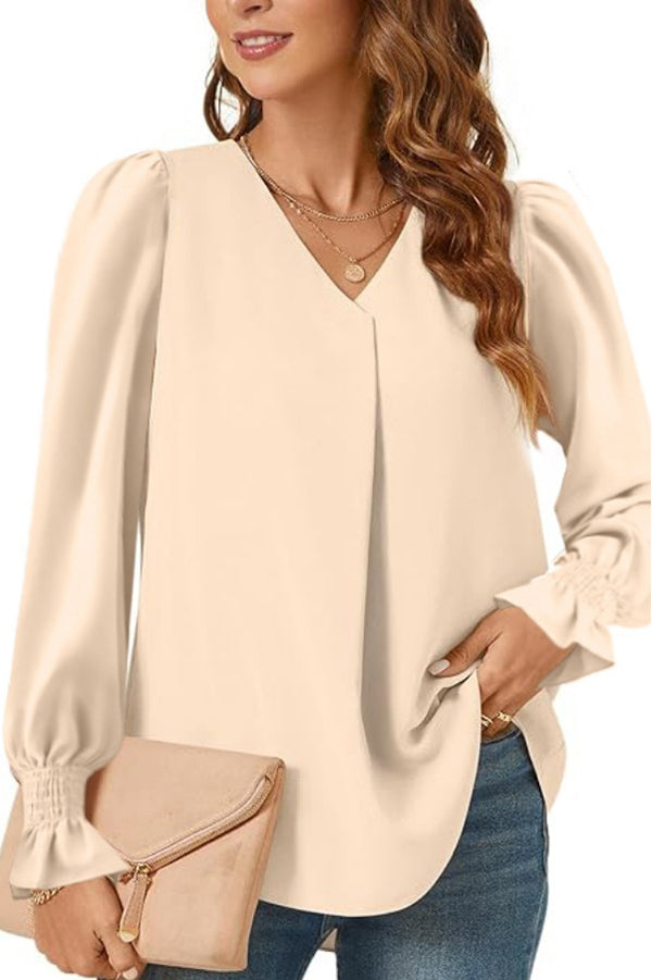 Monochrome V-neck Elastic Cuffs Long-sleeved Loose Shirt