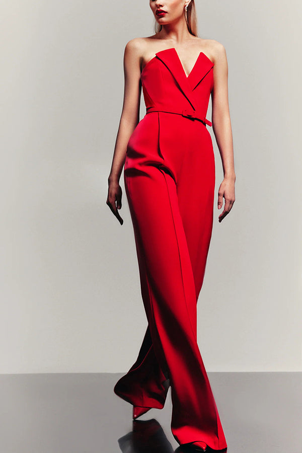 Tuxedo-style Off Shoulder Pocket Wide Leg Formal Jumpsuit