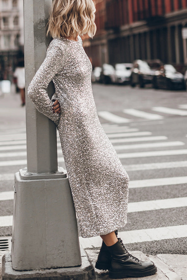 Ignite Sparkly Nights Sequin Extra Long Sleeve Open Back Loose Midi Dress