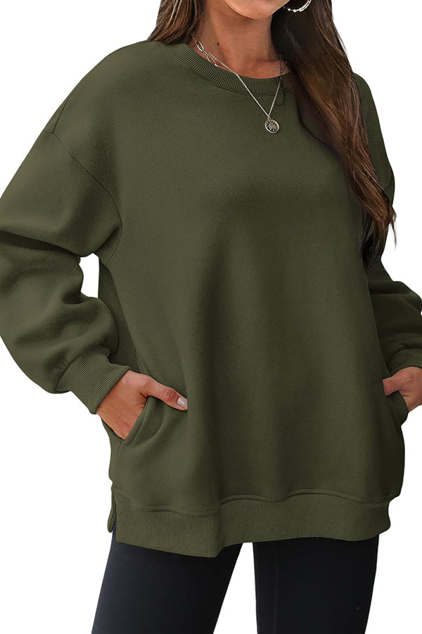 Solid Color Round Neck Pocket Loose Warm Long Sleeve Sweatshirt