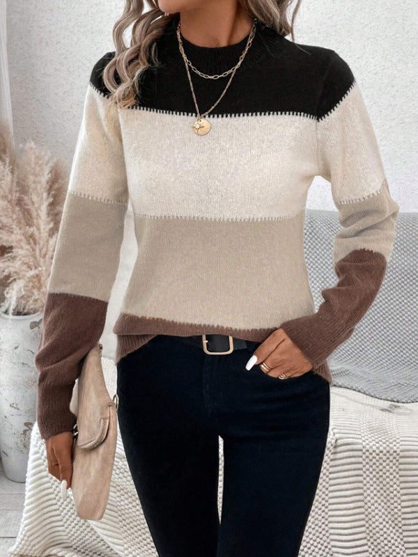 Long Sleeves Contrast Color Round-Neck Pullovers Sweater Tops