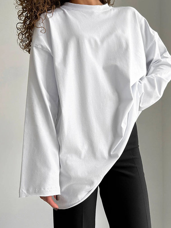 Long Sleeves Loose Solid Color Round-Neck T-Shirts Tops