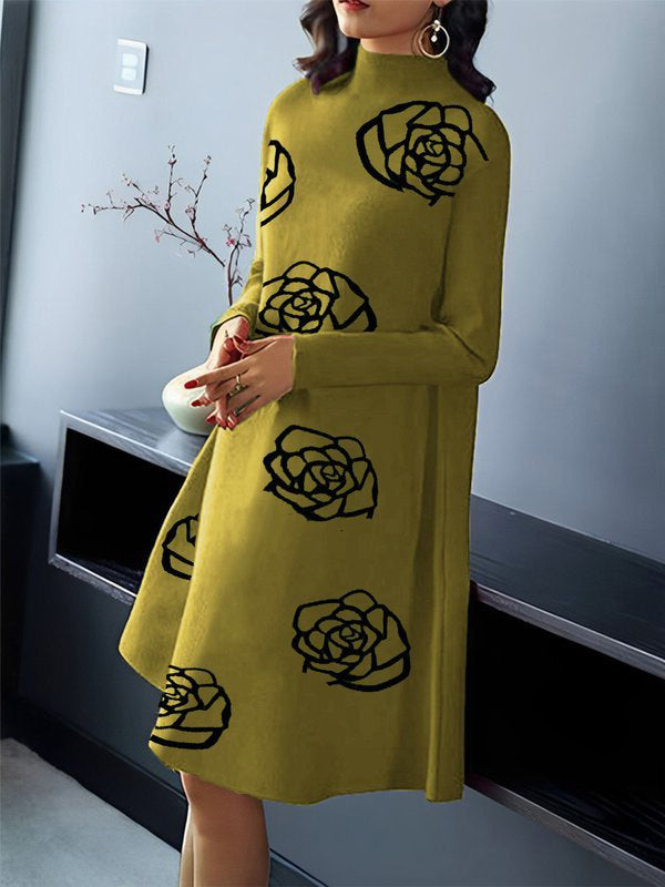 A-Line Long Sleeves Flower Print Mock Neck Midi Dresses