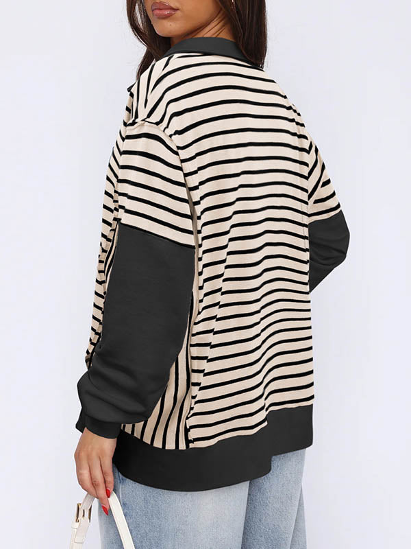 Long Sleeves Loose Contrast Color Split-Joint Striped V-Neck Sweatshirt Tops