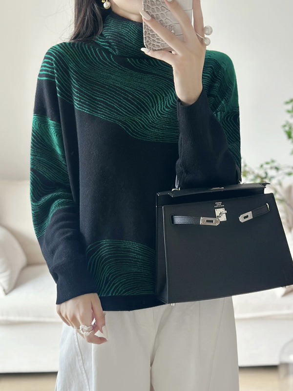 Long Sleeves Loose Contrast Color High Neck Pullovers Sweater Tops