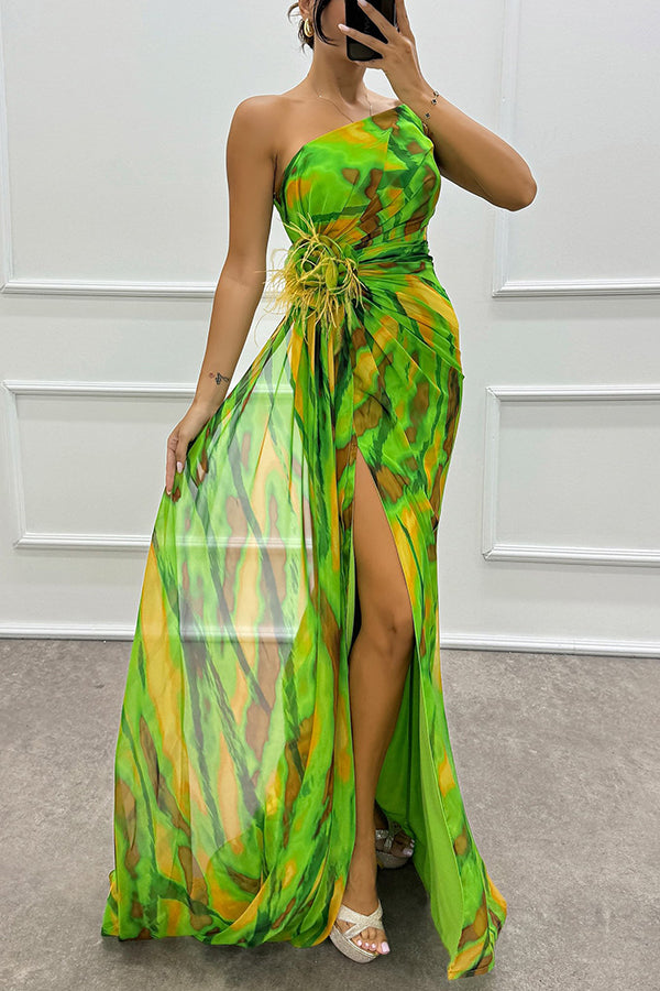 Amazing Views Watercolor Print Feather Rose Detail Off Shoulder Pleated Slit Maxi Dress