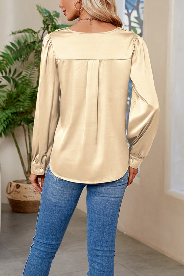 Satin Pleated V-neck Long-sleeved Loose Shirt