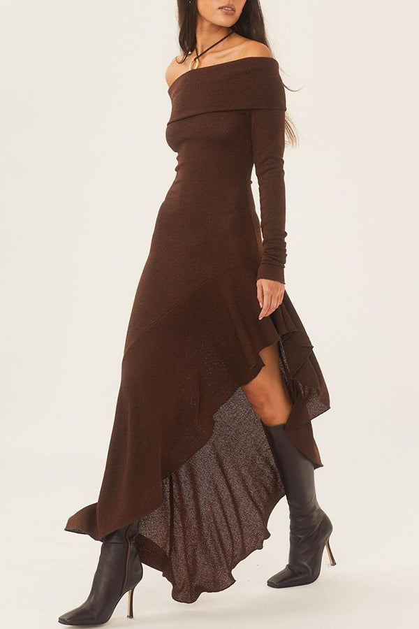 Temperament Off Shoulder Long Sleeve Irregular Hem Stretch Maxi Dress