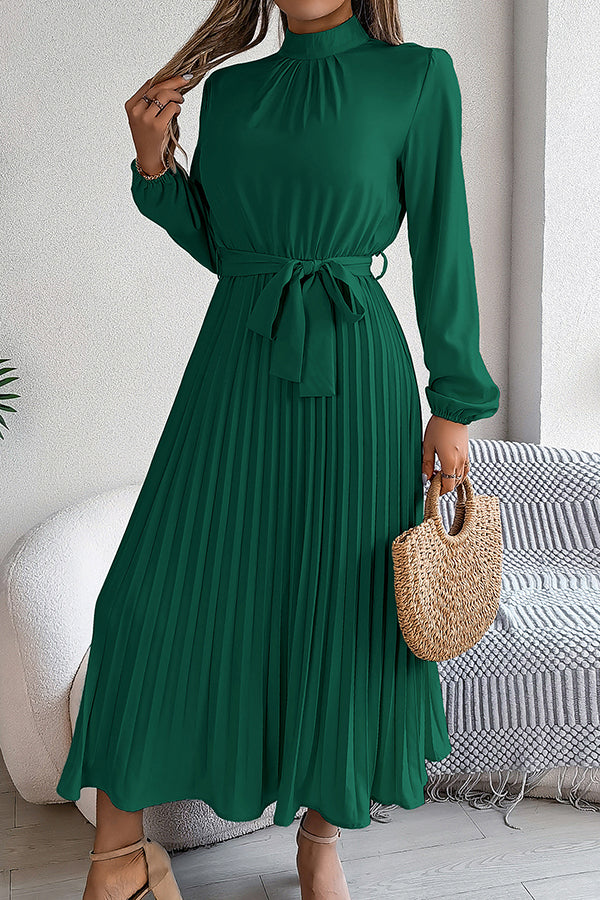 Elegant Stand-collar Long-sleeve Waisted Tie-up Pleated Midi Dress