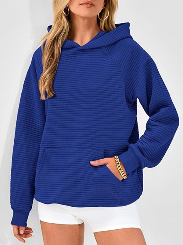 Hooded Long Sleeves Pockets Solid Color Split-Joint Hoodies Tops