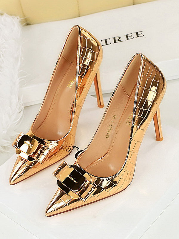 Belt Buckle Pointed-Toe Shiny Split-Joint Pumps